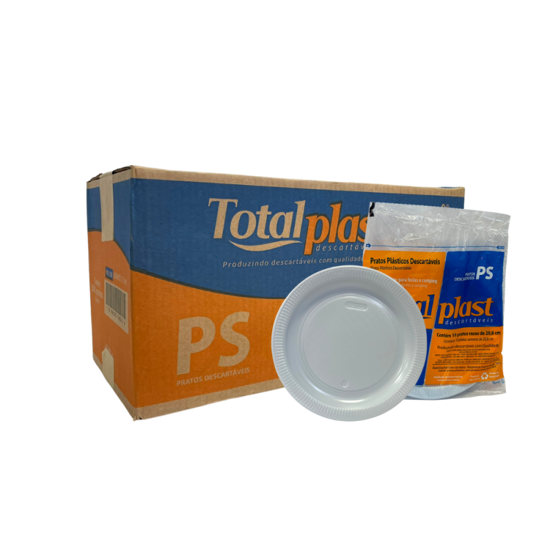 Prato Raso 21cm para Refeição Branco Totalplast 500 unidades
