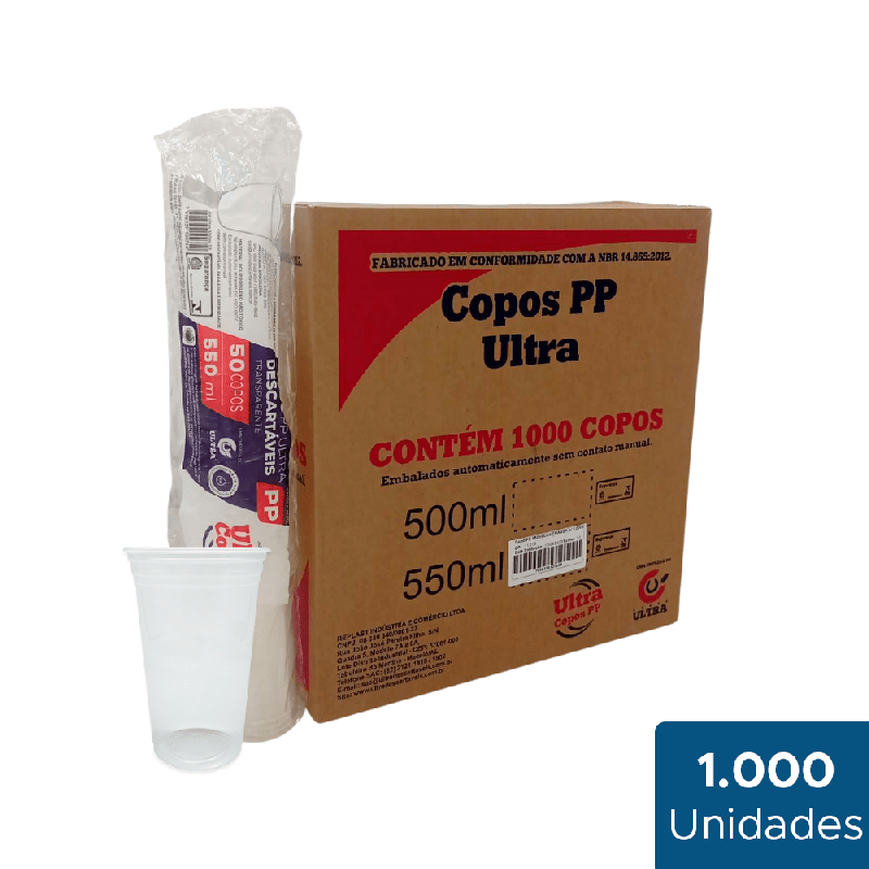 Copo 550ml Transparente PP Liso Ultra 1000 unidades