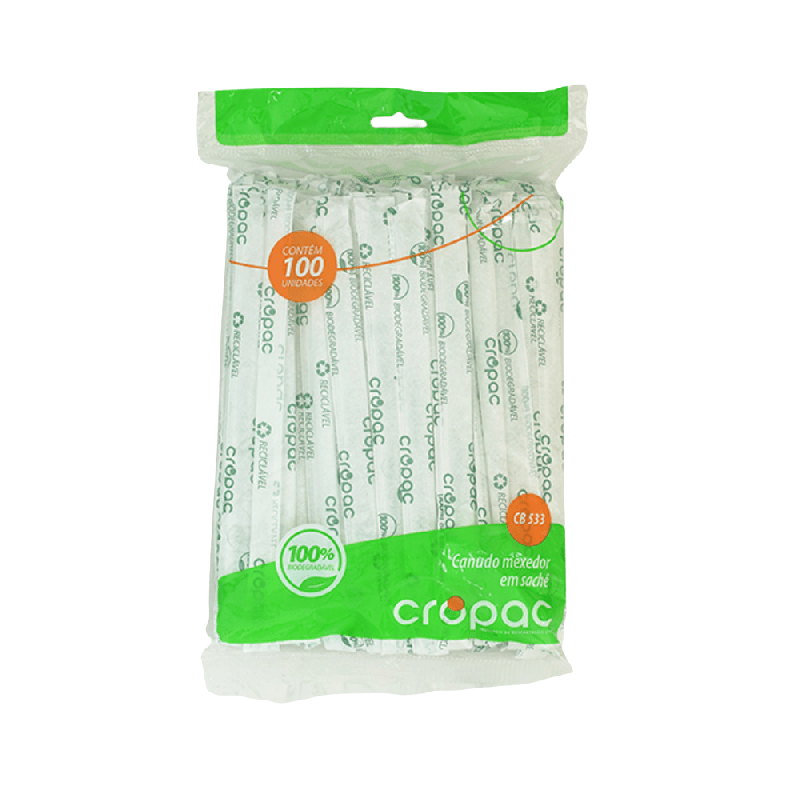 Canudo Biodegradável 5,8x 175 mm Mexedor Sachê Transparente em Sachê Cropac com 100 unidades