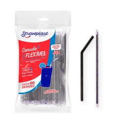 Canudo Flexível 6x210MM Preto Sache Strawplast 100 unidades