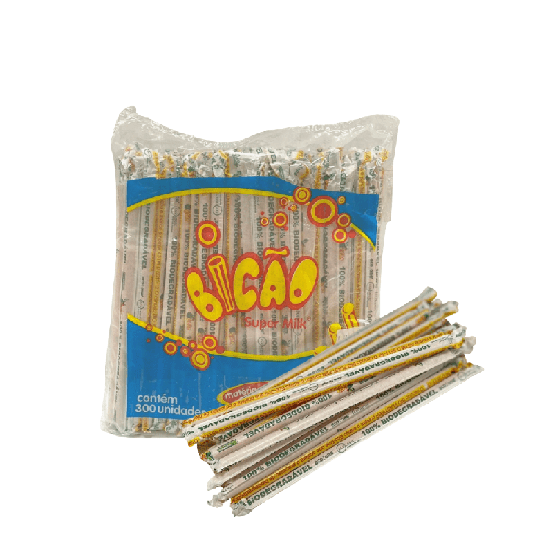 Canudo Bio 8MM Transparente com Listras Vermelhas Sache Milkshake 300 unidades