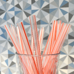 Canudo Bio 8MM Transparente com Listras Vermelhas Sache Milkshake 300 unidades