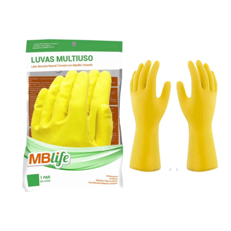 Luva de Látex Amarela M MB Life CA 44541 Proteção Química e Mecânica