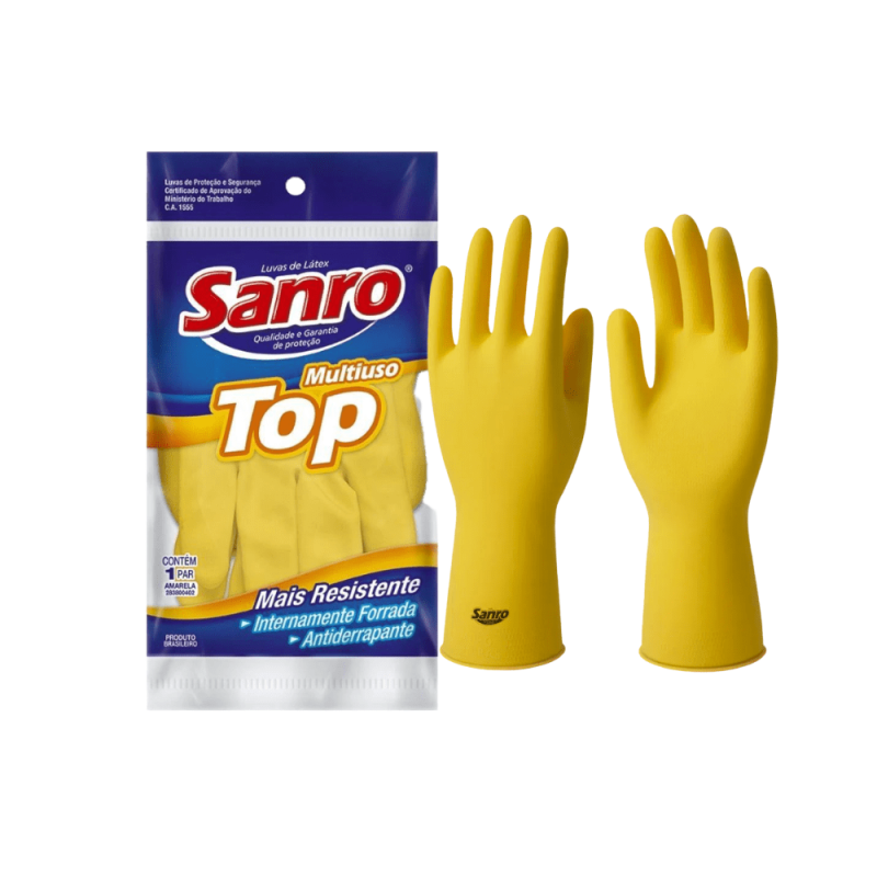 Luva de Látex Amarela M Sanro Top CA 40044 Proteção Química e Mecânica
