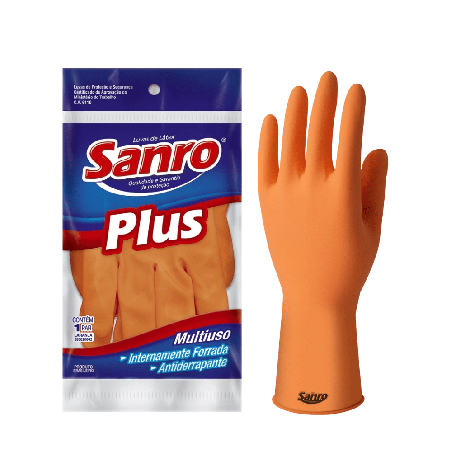 Luva de Látex Laranja G Sanro Plus CA 6110 Proteção Química e Mecânica