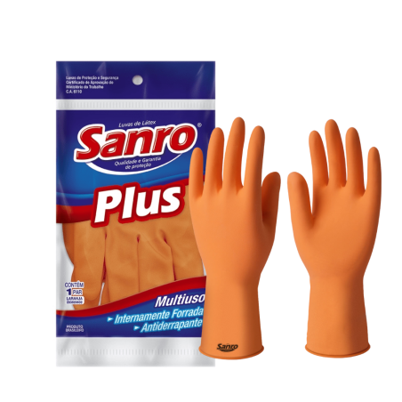 Luva de Látex Laranja M Sanro Plus CA 6110 Proteção Química e Mecânica