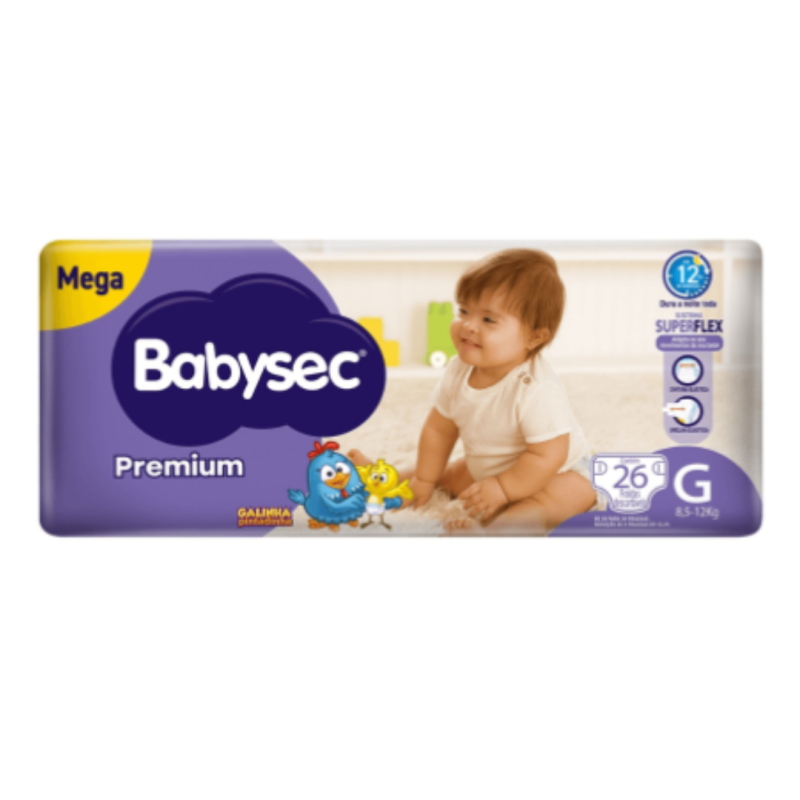 Fralda Babysec Premium Mega G com 26 unidades - 8,5 a 12kg