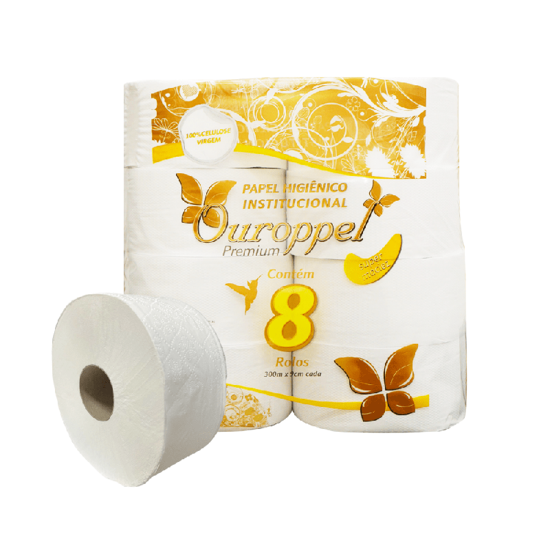 Papel Higiênico Folha Simples 100% celulose 9cm Ouroppel 8 rolos de 300 metros