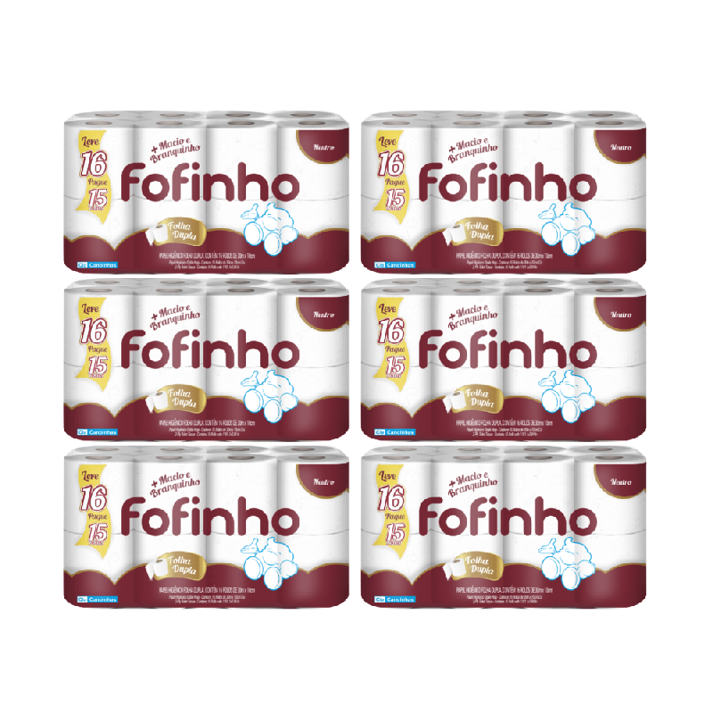 Papel Higiênico Folha Dupla Fofinho 6 pacotes com 16 rolos de 30 metros
