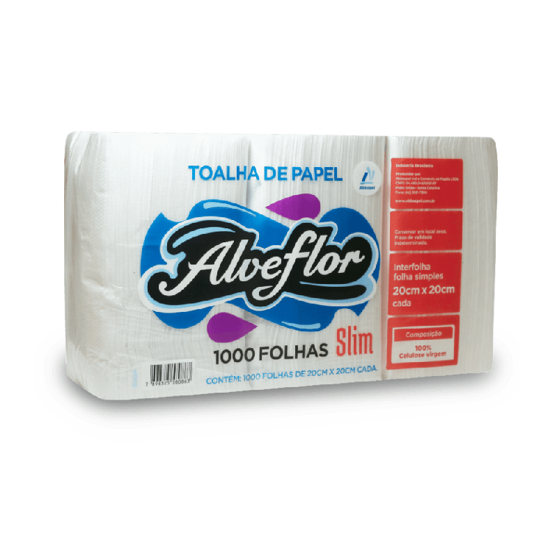 Papel Interfolha Folha Simples 2 Dobras 100% Celulose 20x20cm Alve Slim 1000 folhas