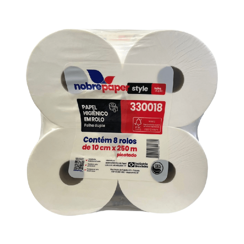 Papel Higiênico Rolão Folha Dupla 100% Celulose Picotado Nobre 8 rolos de 250m