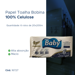 Papel Toalha Bobina 100% Celulose Baby 6 rolos com 200m