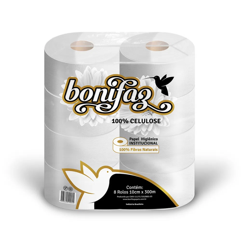 Papel Higiênico Folha Simples 100% Celulose Institucional em Rolo Bonifaz 8 rolos de 300m
