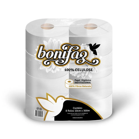Papel Higiênico Folha Simples 100% Celulose Institucional em Rolo Bonifaz 8 rolos de 300m
