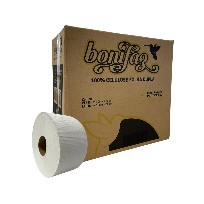 Papel Higiênico Rolão Folha Dupla 100% Celulose Bonifaz 8 rolos de 200m