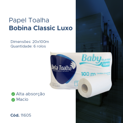 Papel Toalha Bobina Luxo Baby com 6 rolos de 100 metros