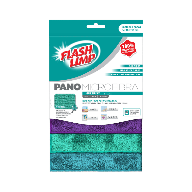 Pano de Microfibra 30x30 Flash Limp com 3 unidades